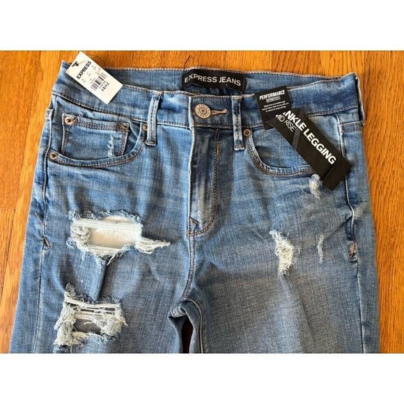 NWT Express Jeans Womens Size 4S Mid Rise Ankle Leggings Denim Distressed - Picture 2 of 8